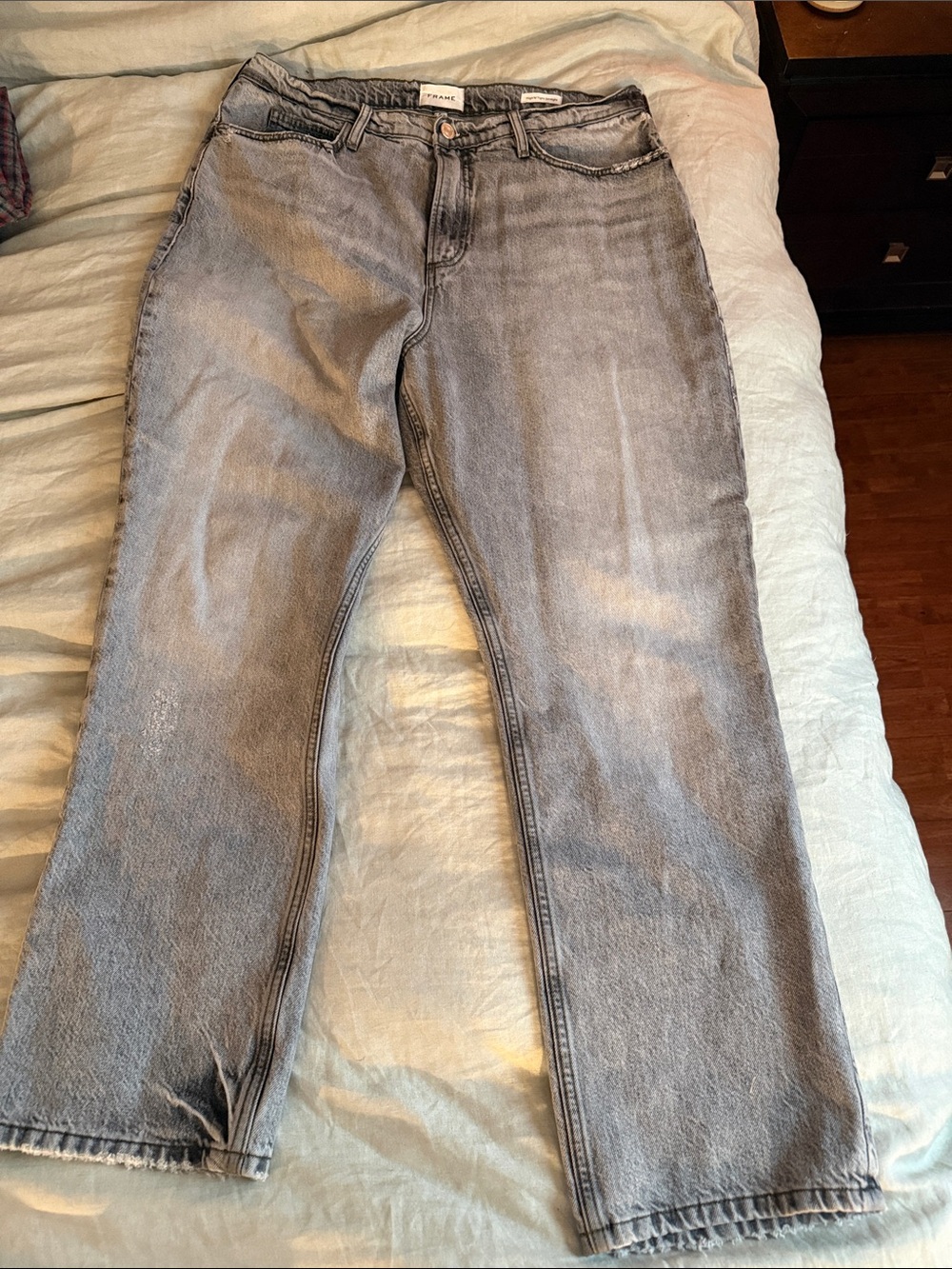 Frame Denim High-Rise Straight Leg Jeans in Light Grey Wash